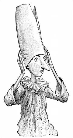 Pinocchio cerca di nascondere le orecchie con un grosso berretto a forma di cilindro, aggiustandolo in continuazione per evitare che cada 